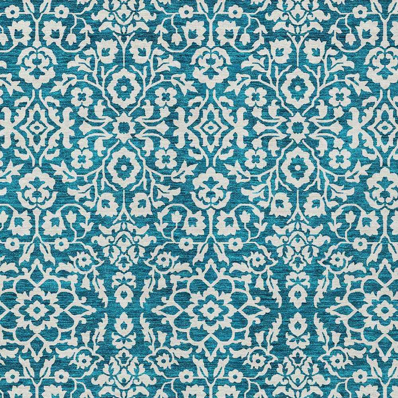 9' X 12' Teal Blue And Ivory Damask Washable Indoor Outdoor Area Rug