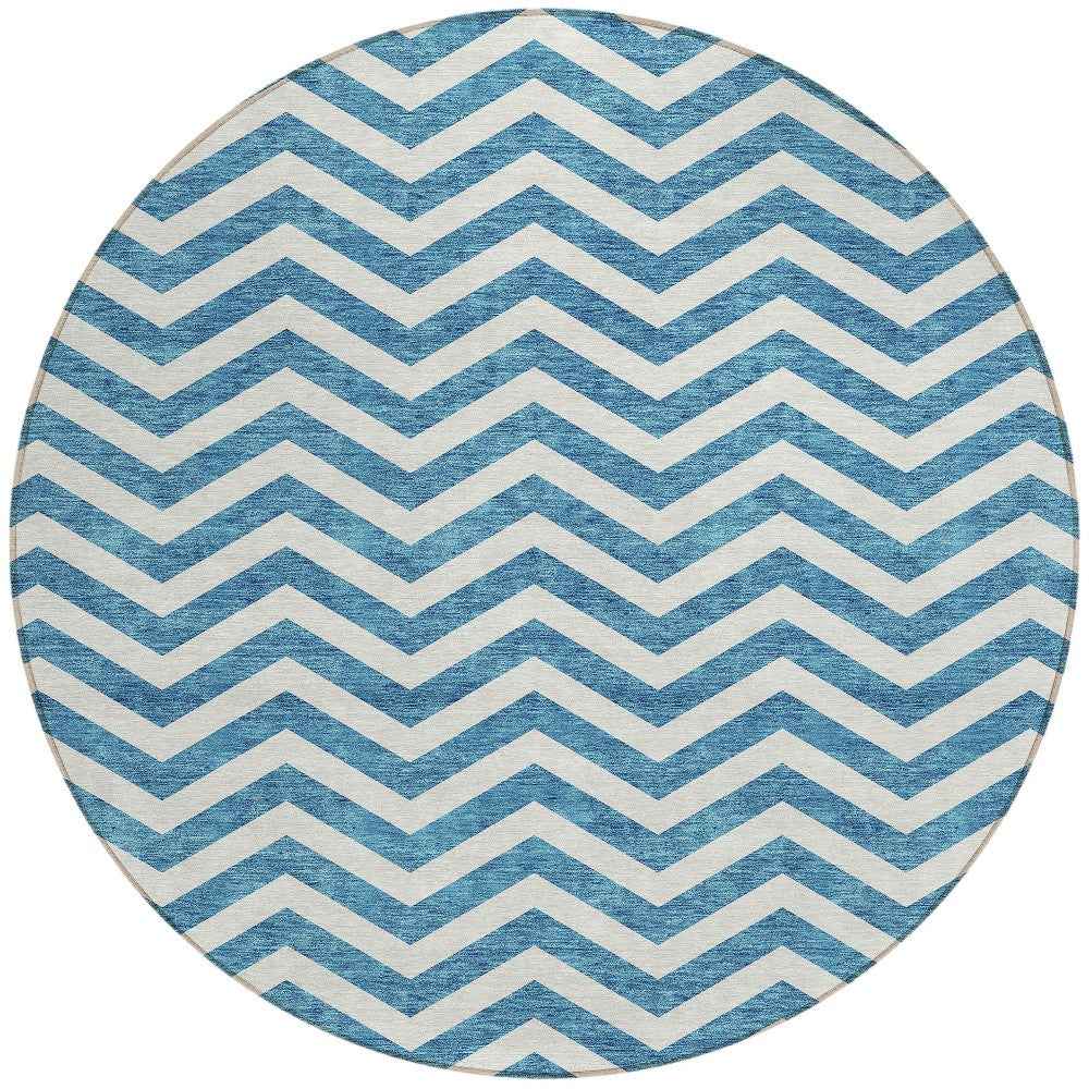 8' Teal Blue And Ivory Round Chevron Washable Indoor Outdoor Area Rug