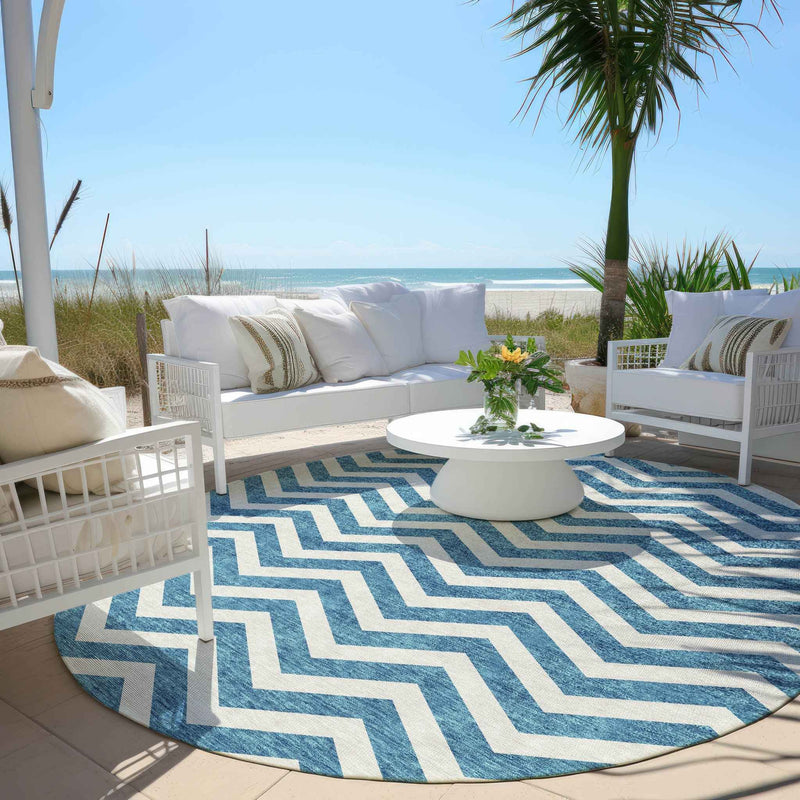 8' Teal Blue And Ivory Round Chevron Washable Indoor Outdoor Area Rug