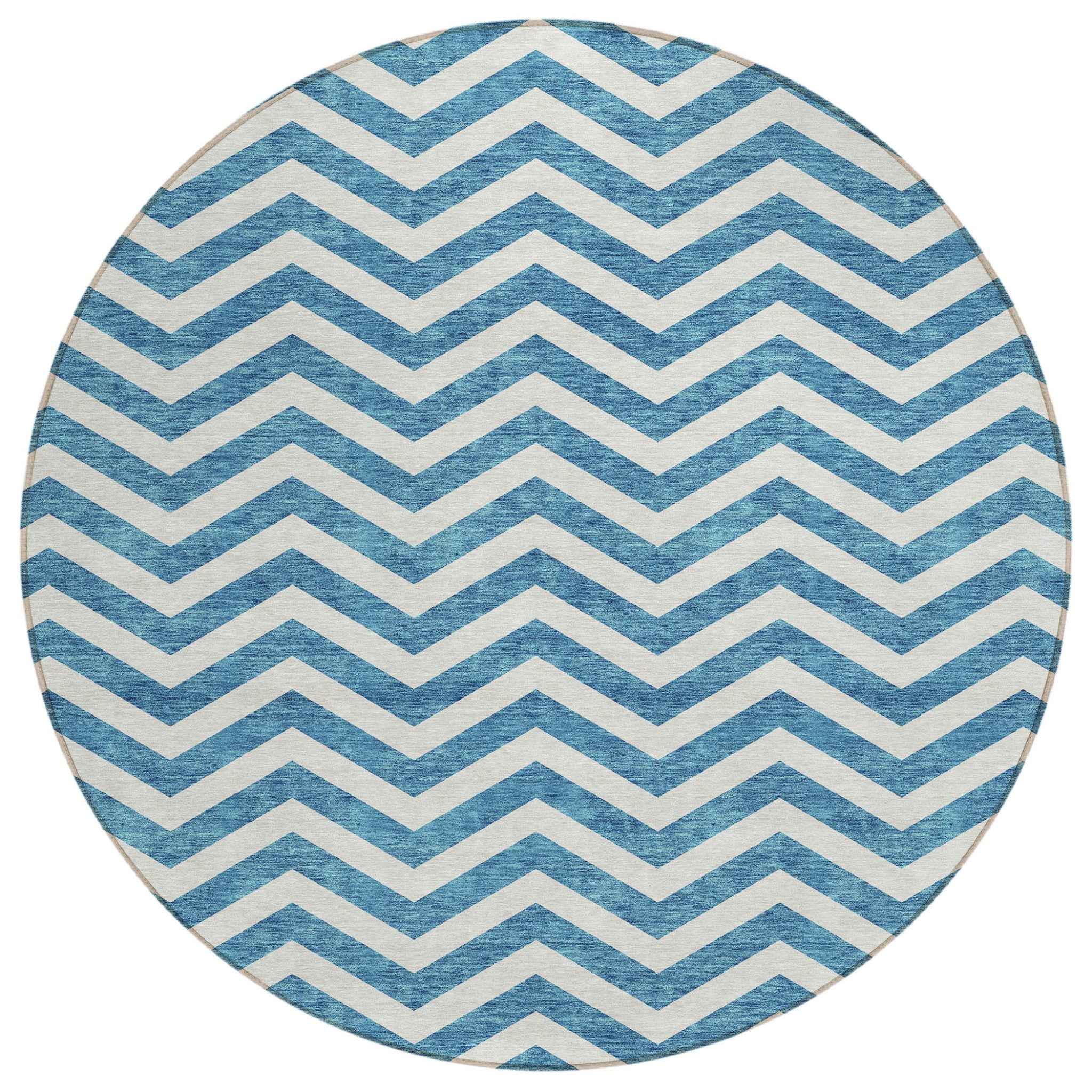8' Teal Blue And Ivory Round Chevron Washable Indoor Outdoor Area Rug