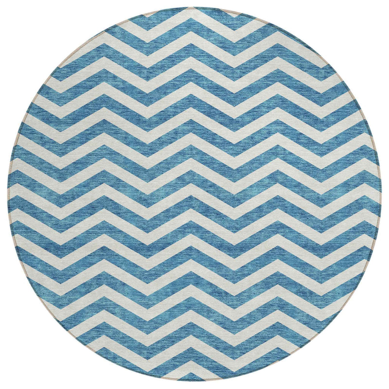 8' Teal Blue And Ivory Round Chevron Washable Indoor Outdoor Area Rug