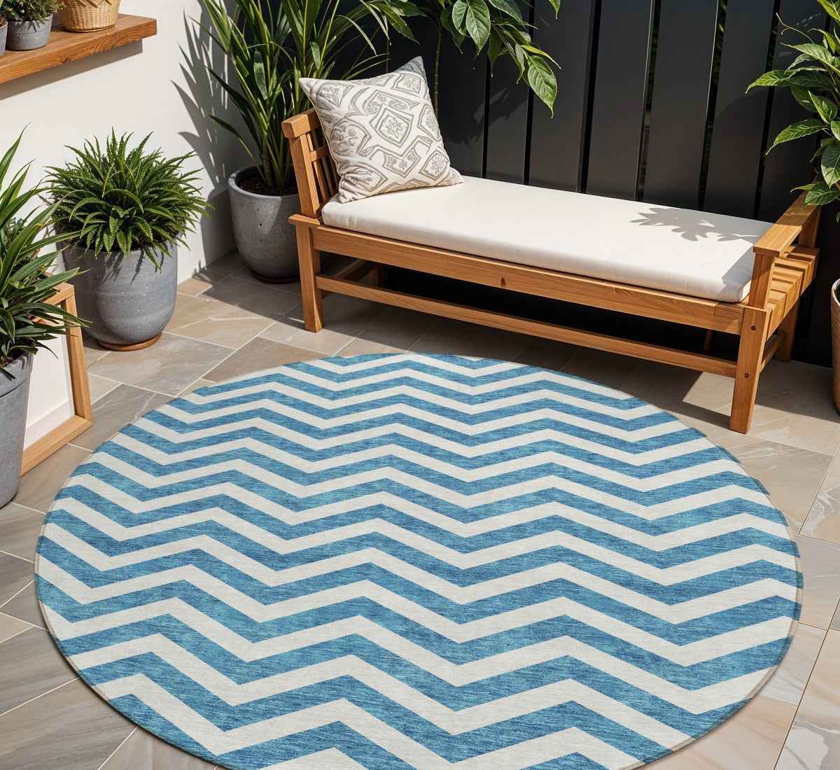 8' Teal Blue And Ivory Round Chevron Washable Indoor Outdoor Area Rug