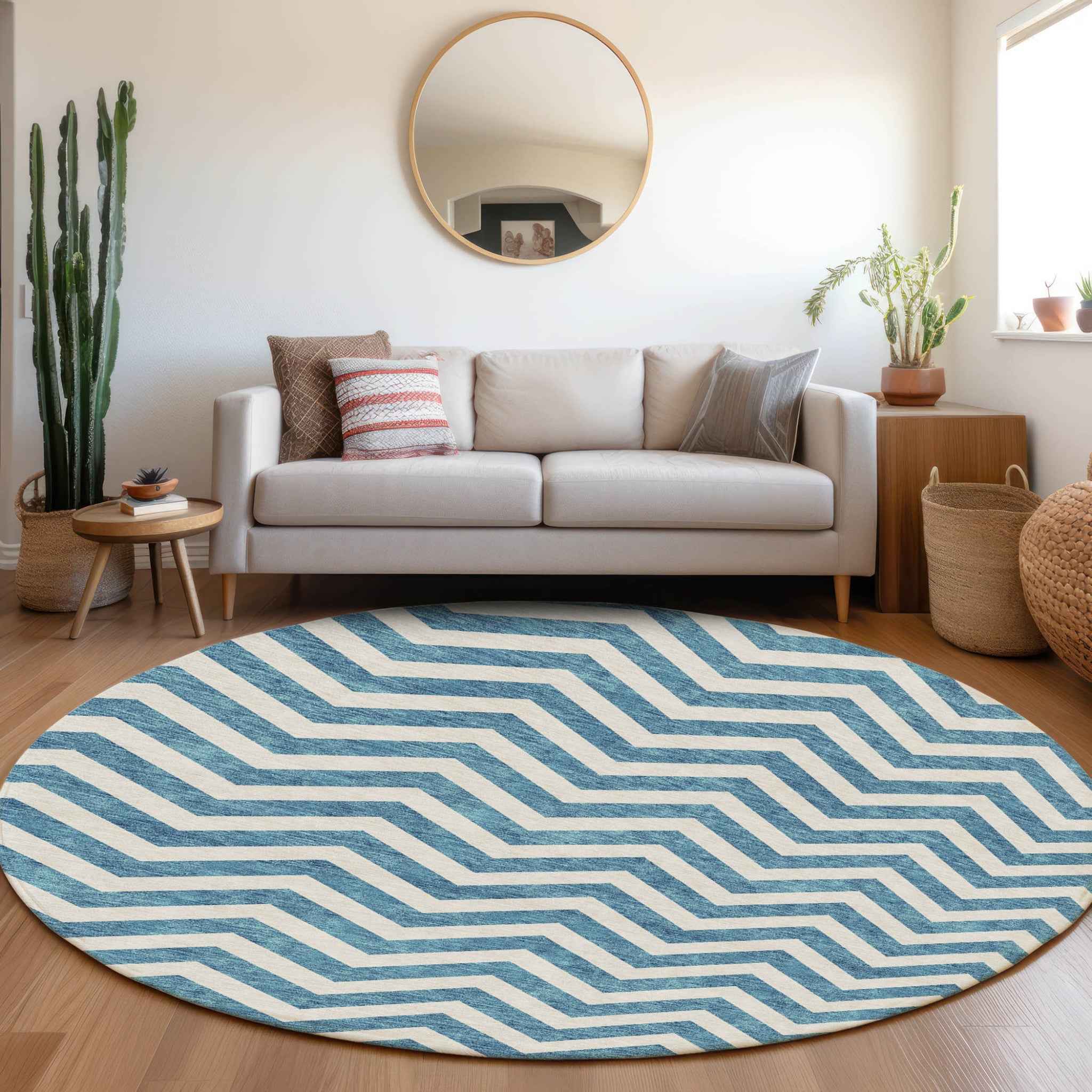 8' Teal Blue And Ivory Round Chevron Washable Indoor Outdoor Area Rug