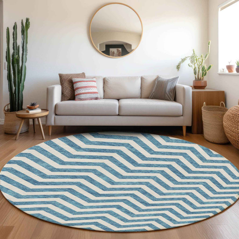 8' Teal Blue And Ivory Round Chevron Washable Indoor Outdoor Area Rug