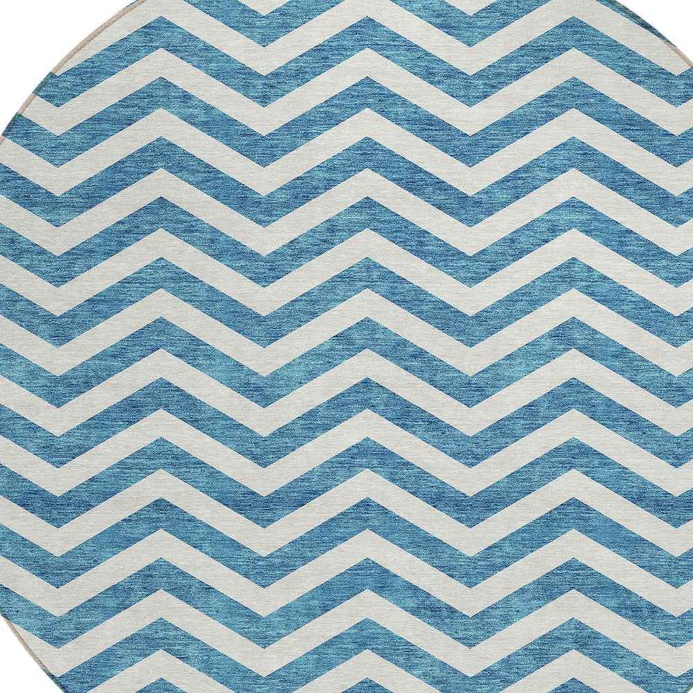 8' Teal Blue And Ivory Round Chevron Washable Indoor Outdoor Area Rug