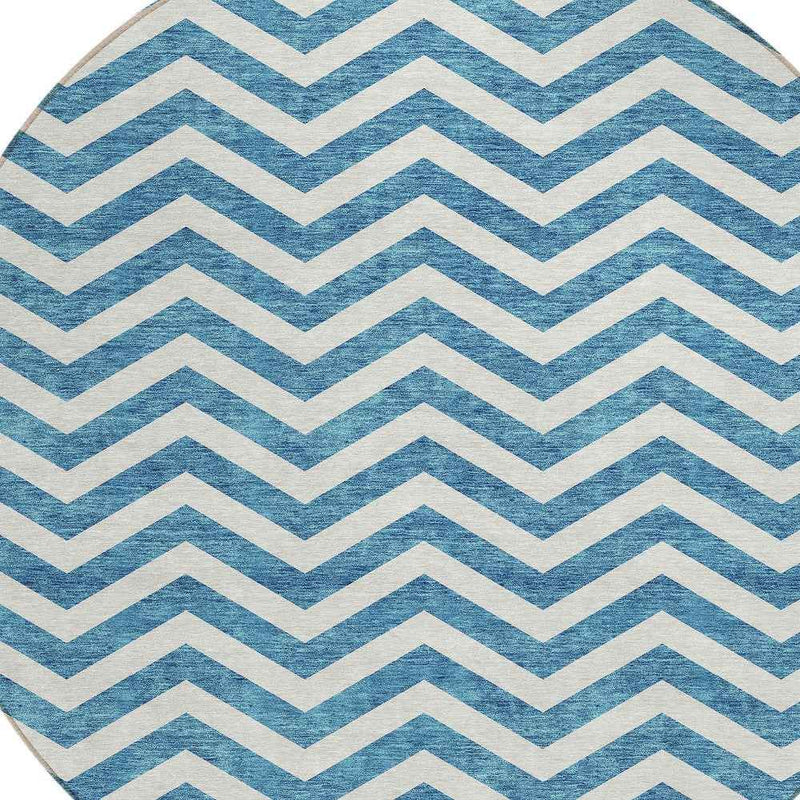 8' Teal Blue And Ivory Round Chevron Washable Indoor Outdoor Area Rug
