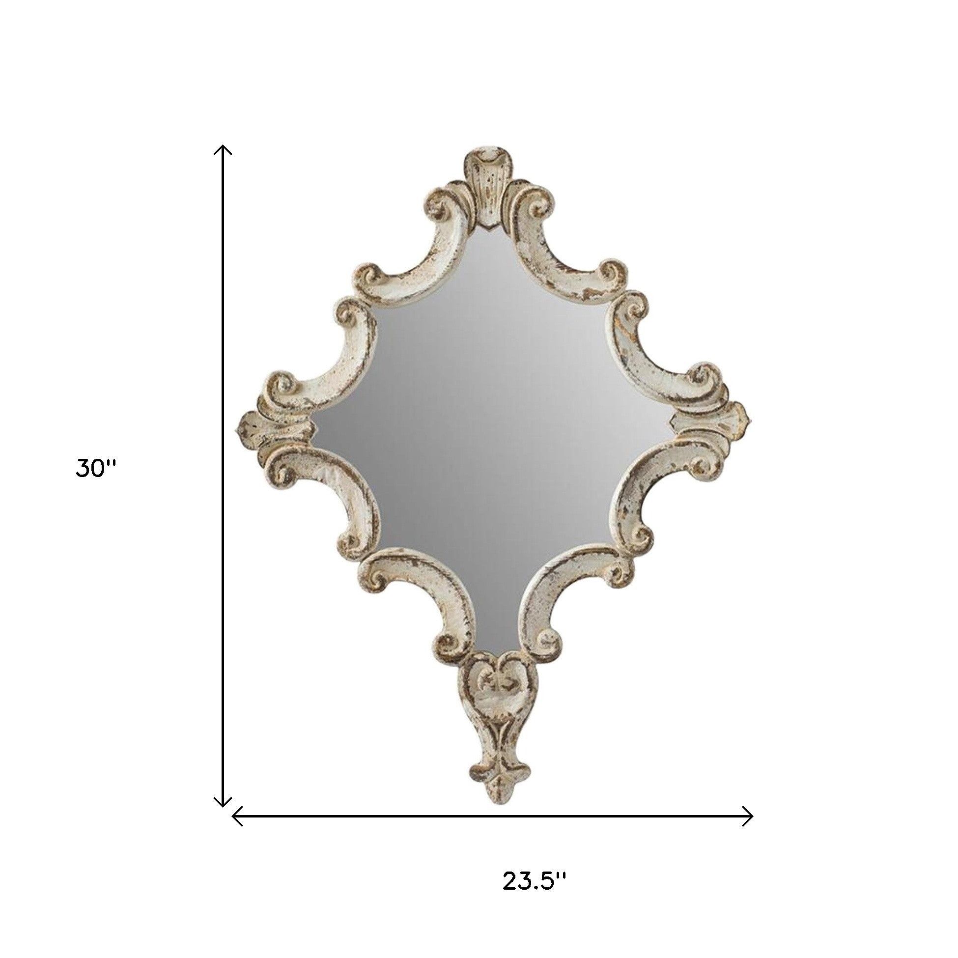 30-inch accent mirror with distressed white ornate wood frame, carved scrollwork