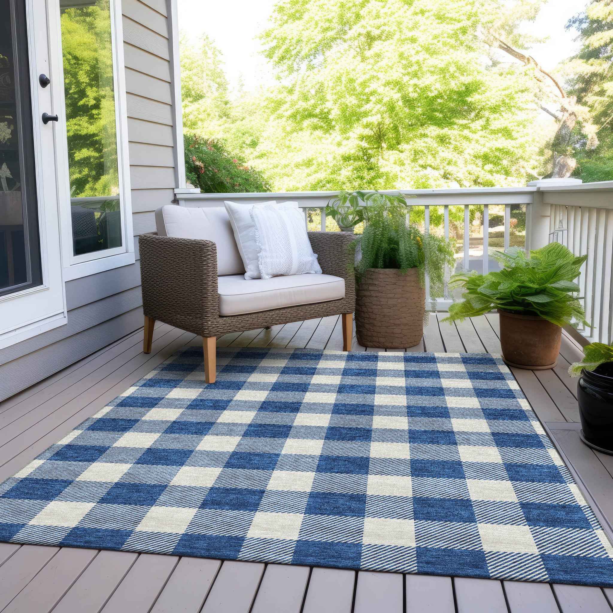 9' X 12' Navy Blue And Gray Plaid Washable Indoor Outdoor Area Rug