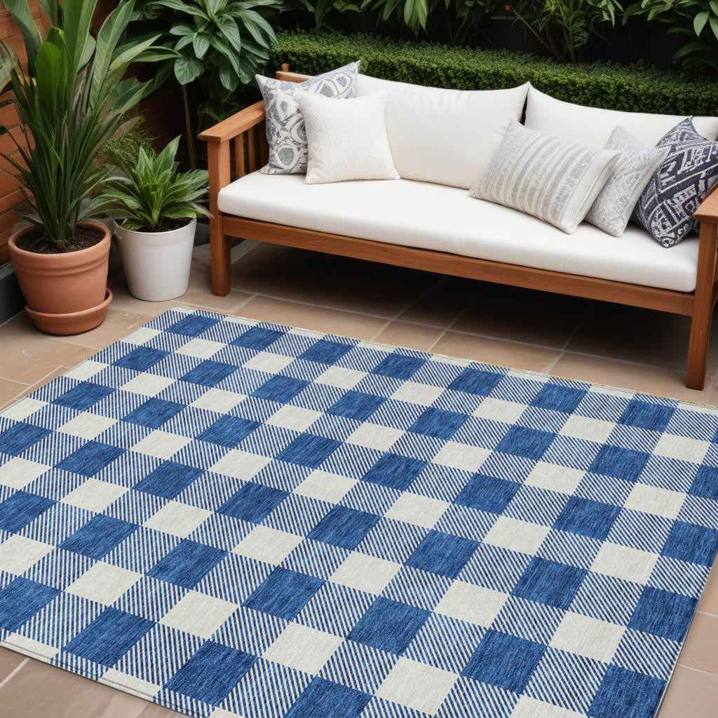 9' X 12' Navy Blue And Gray Plaid Washable Indoor Outdoor Area Rug