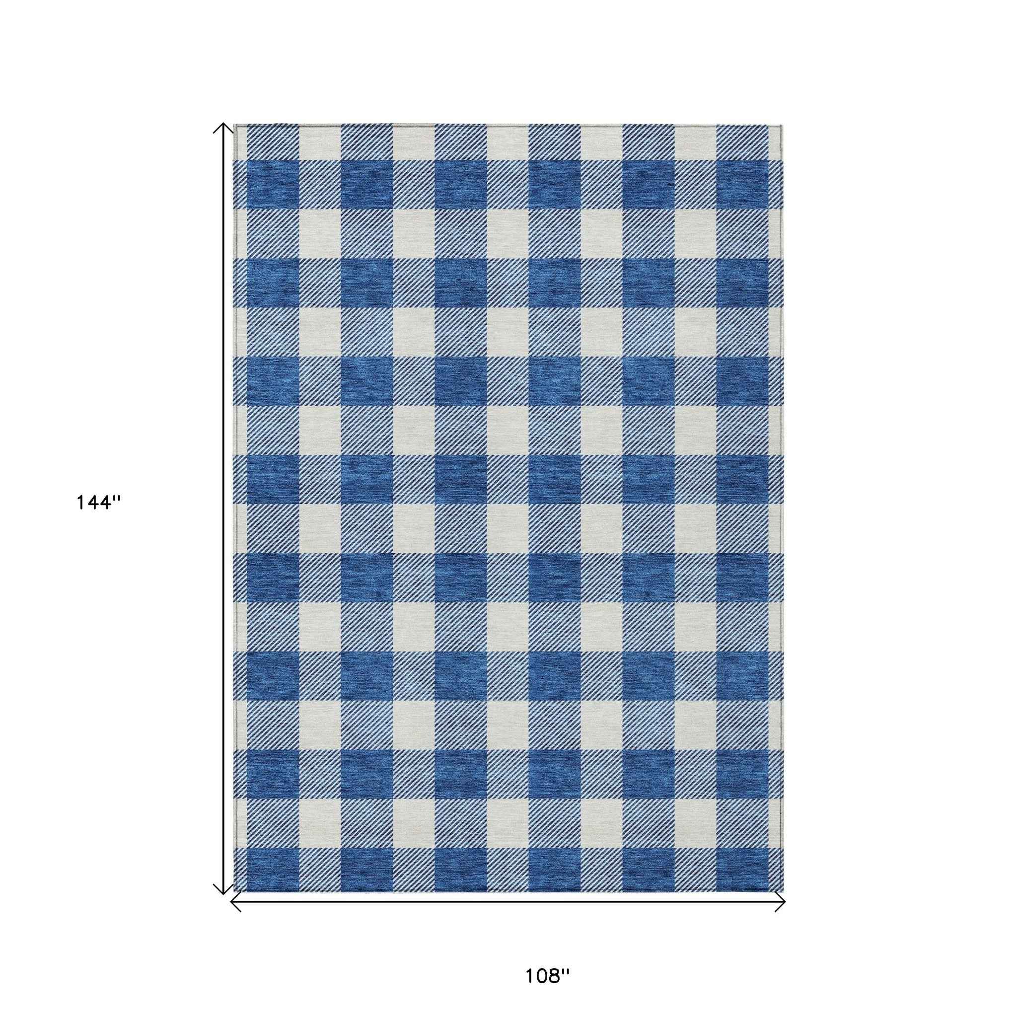 9' X 12' Navy Blue And Gray Plaid Washable Indoor Outdoor Area Rug