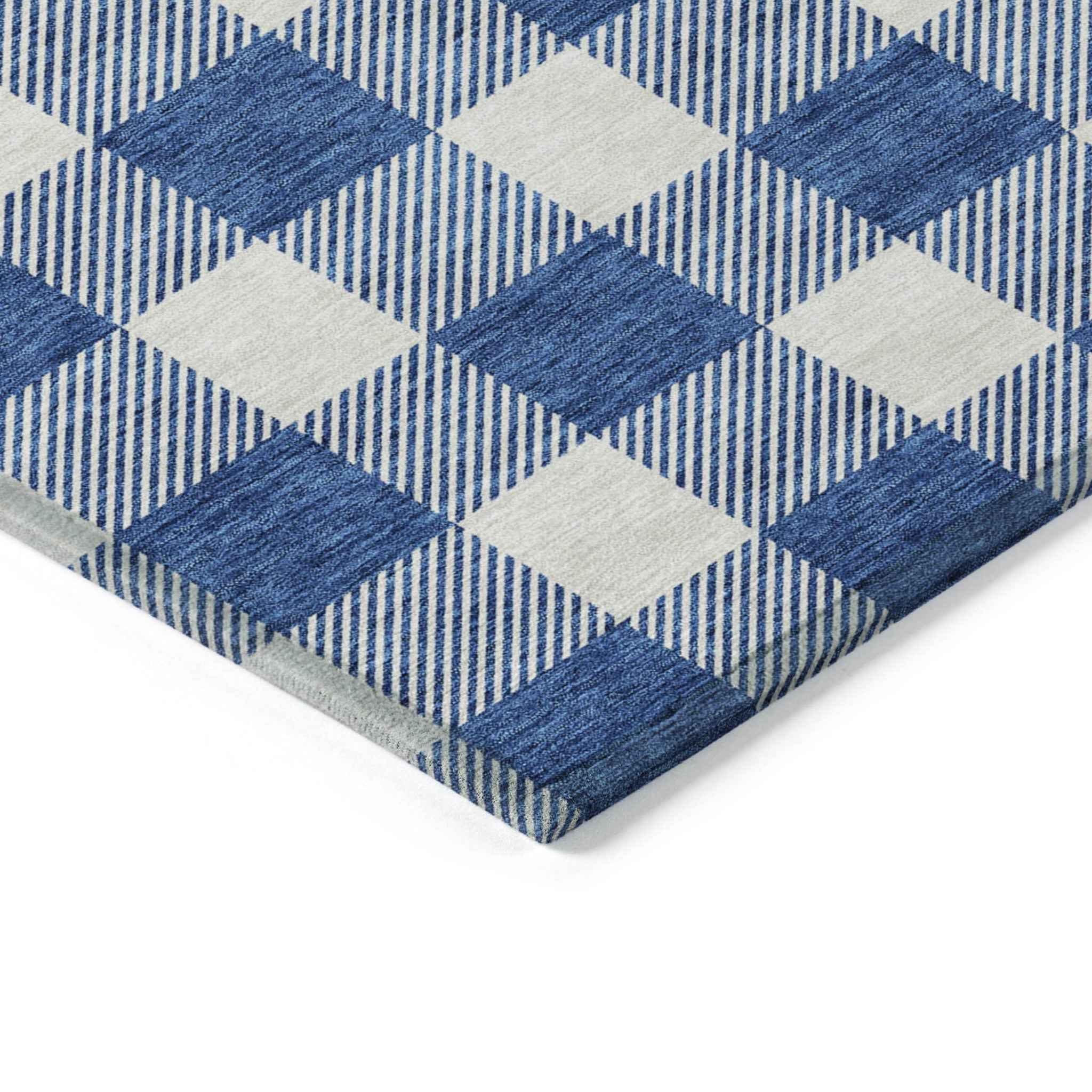 9' X 12' Navy Blue And Gray Plaid Washable Indoor Outdoor Area Rug