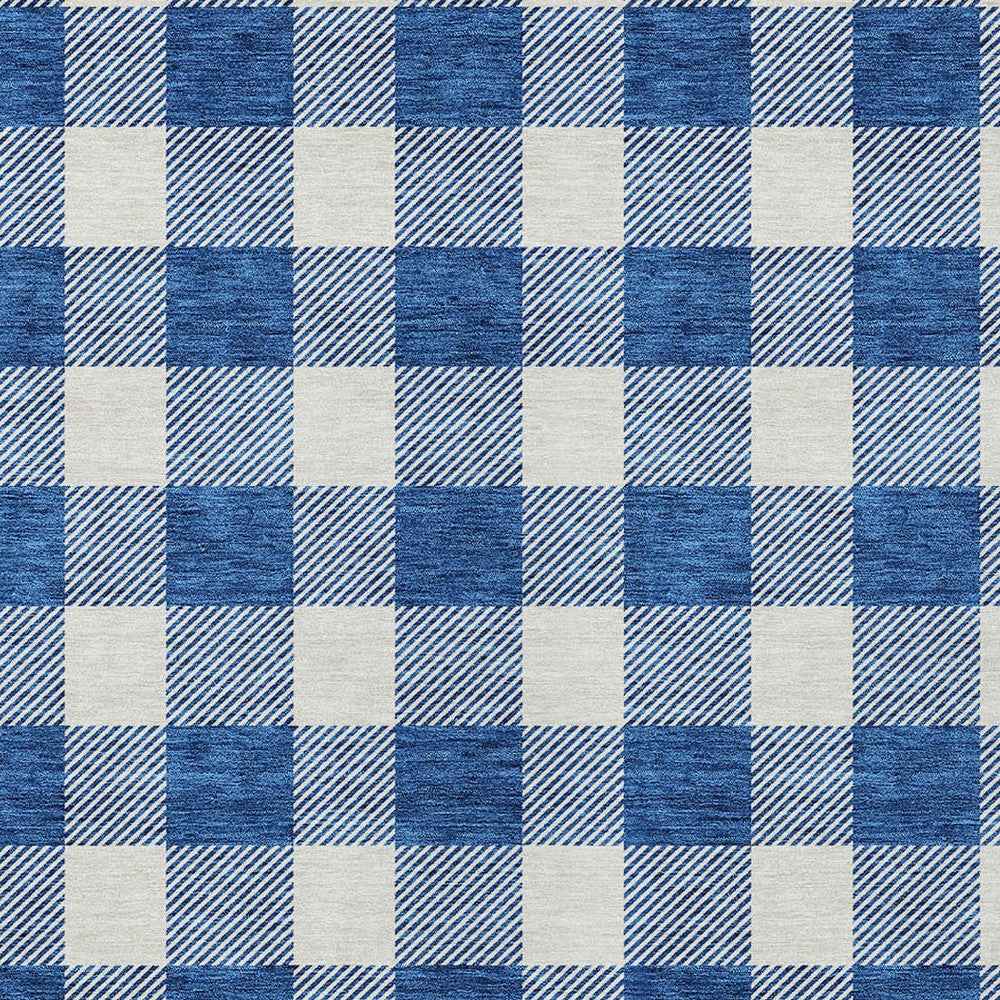 9' X 12' Navy Blue And Gray Plaid Washable Indoor Outdoor Area Rug