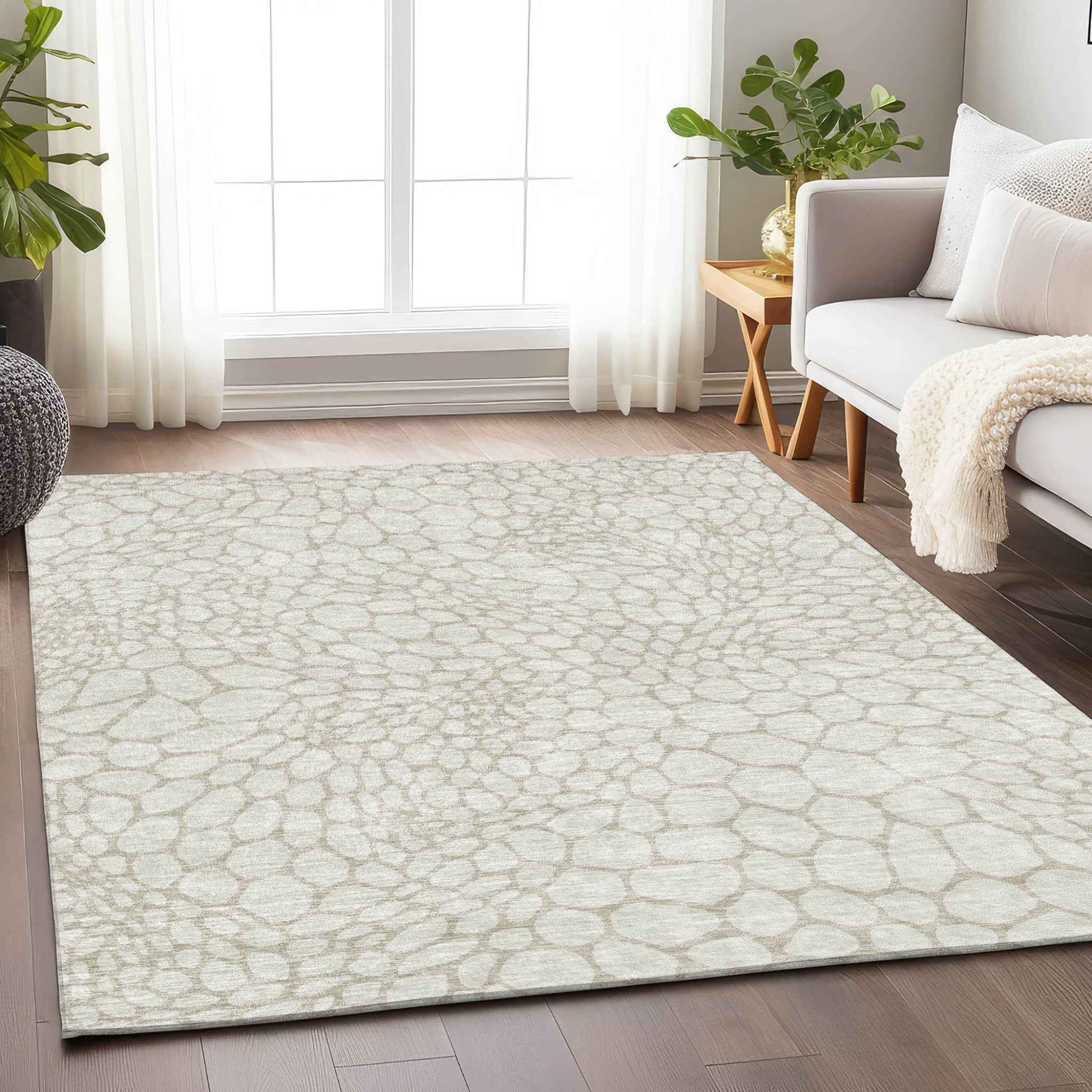 5' X 8' Ivory And Beige Geometric Washable Indoor Outdoor Area Rug