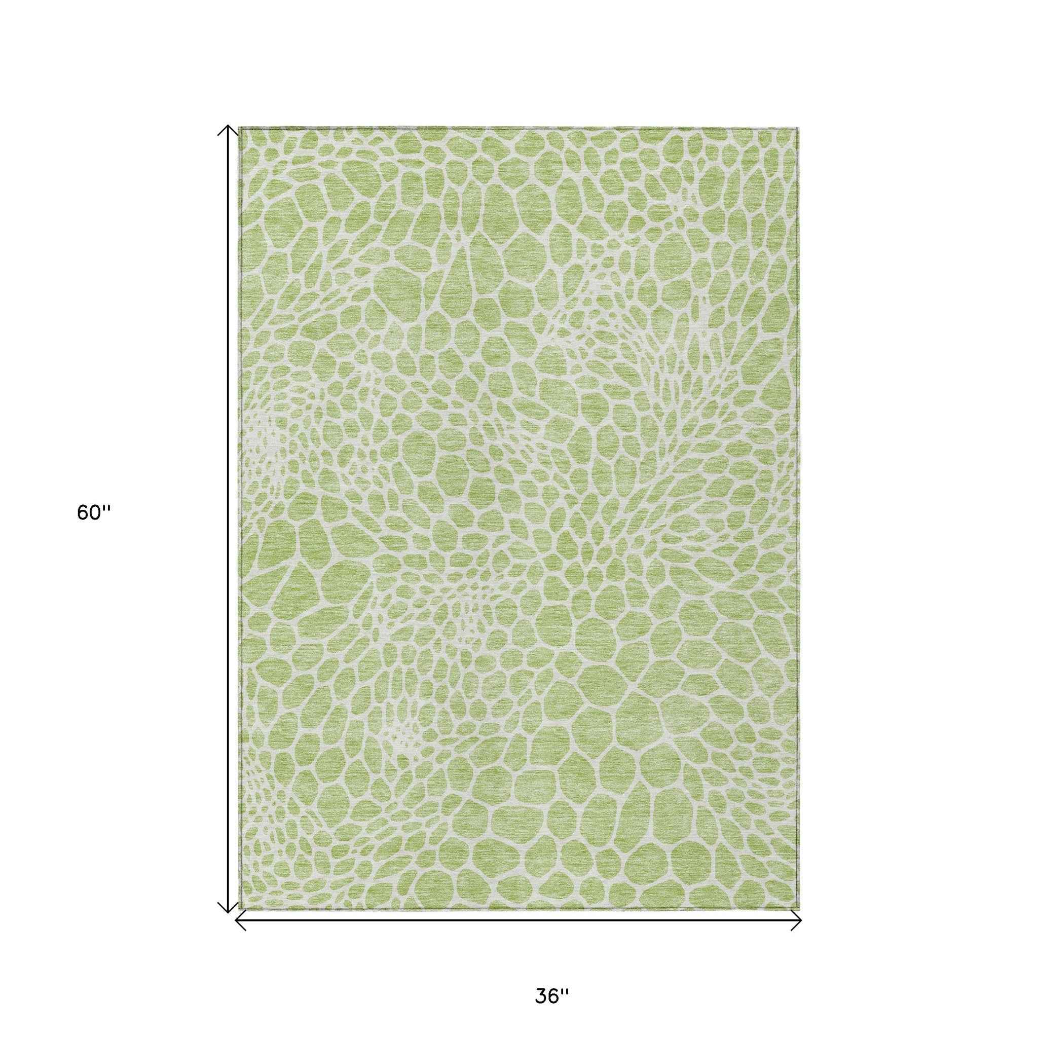 3' X 5' Artichoke Green And Ivory Geometric Washable Indoor Outdoor Area Rug