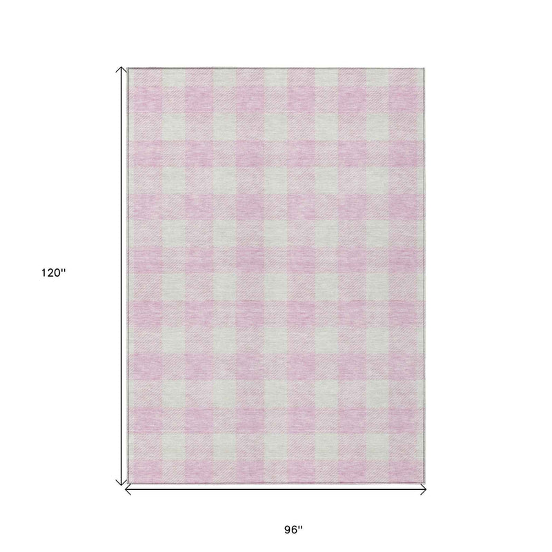 8' X 10' Pink And Gray Plaid Washable Indoor Outdoor Area Rug