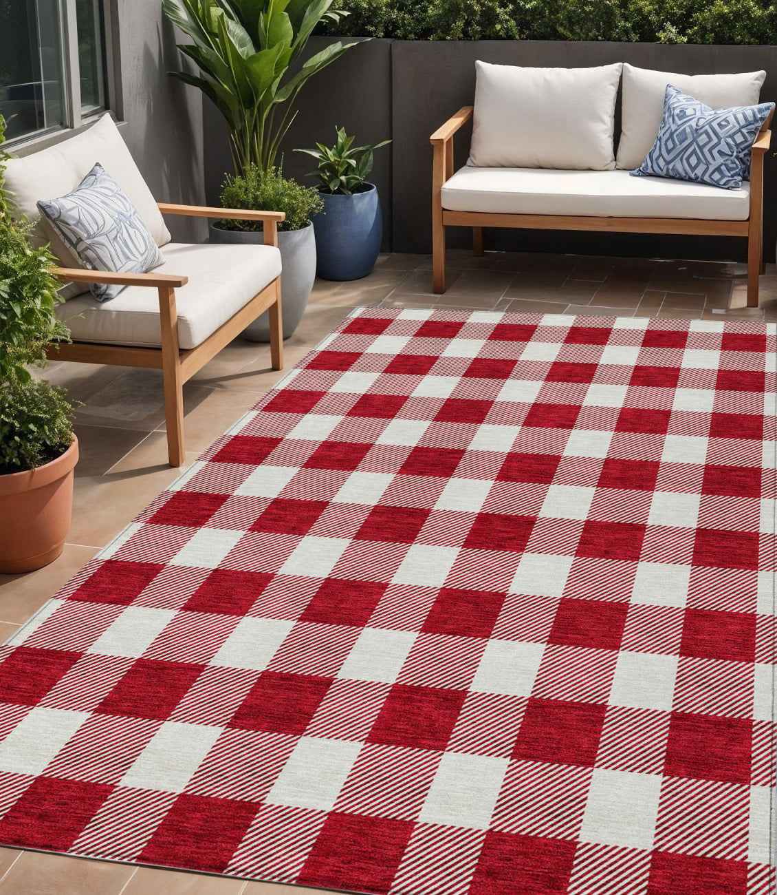 5' X 8' Red And Ivory Plaid Washable Indoor Outdoor Area Rug
