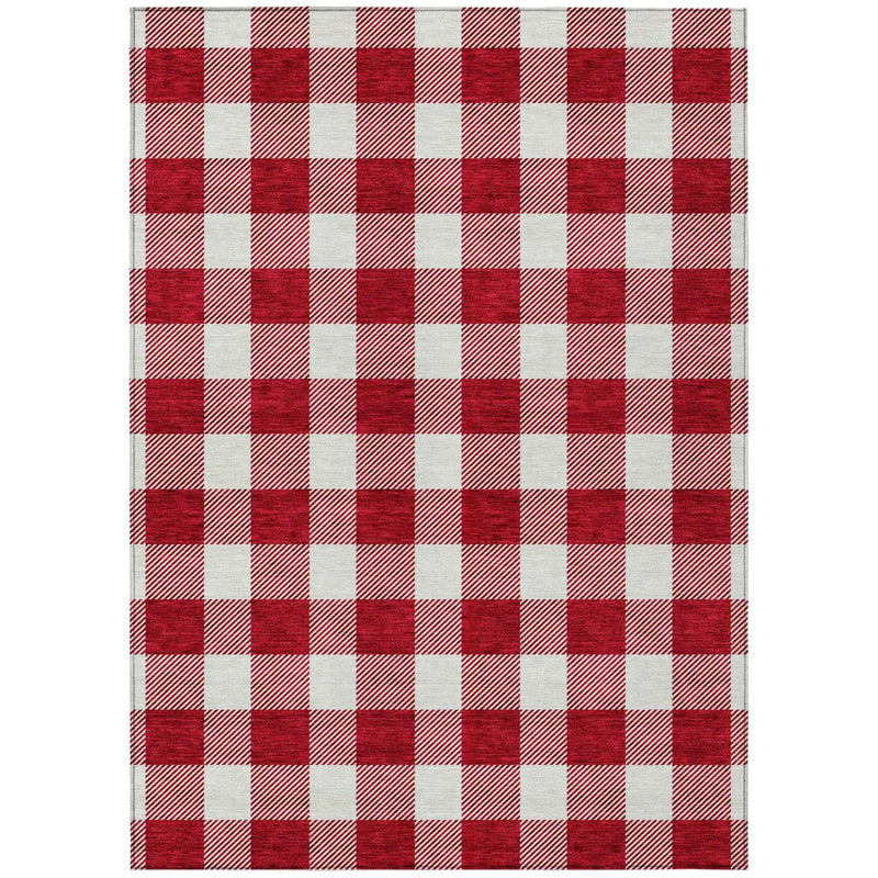 5' X 8' Red And Ivory Plaid Washable Indoor Outdoor Area Rug