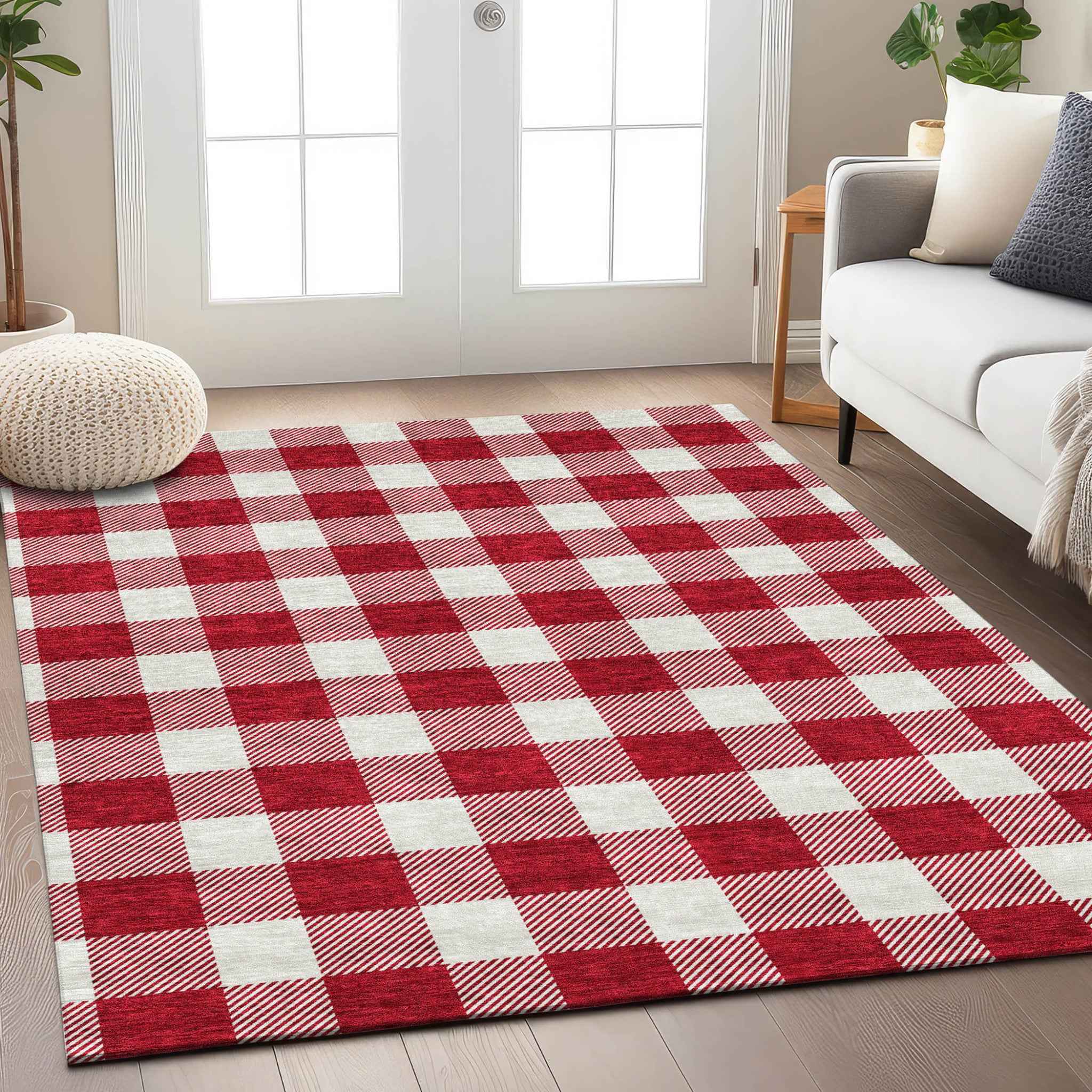 5' X 8' Red And Ivory Plaid Washable Indoor Outdoor Area Rug