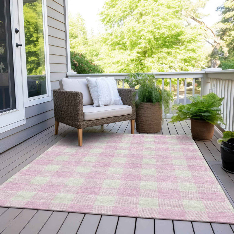 8' X 10' Pink And Gray Plaid Washable Indoor Outdoor Area Rug