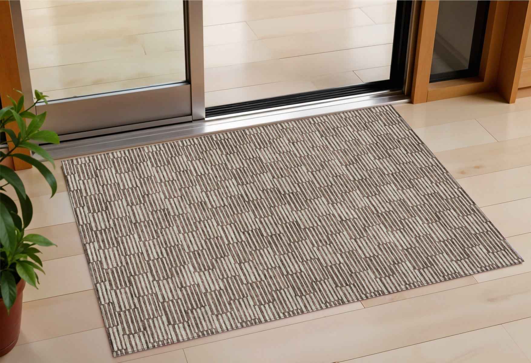 3' X 5' Brown And Beige Geometric Washable Indoor Outdoor Area Rug