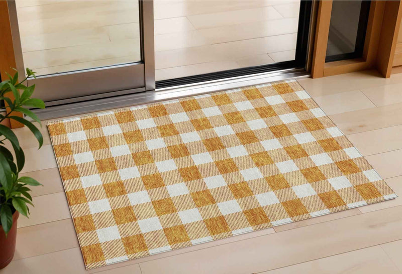 3' X 5' Orange And Beige Plaid Washable Indoor Outdoor Area Rug