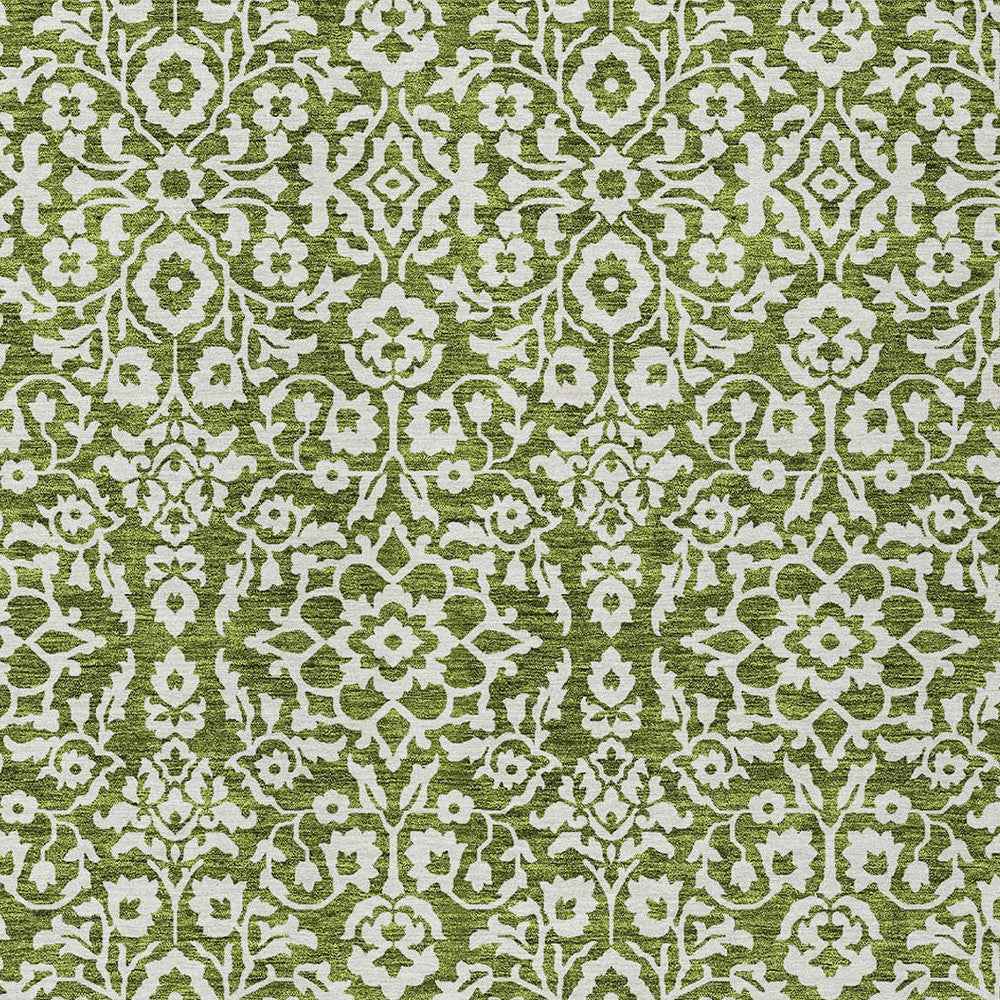 8' X 10' Olive Green And Ivory Damask Washable Indoor Outdoor Area Rug