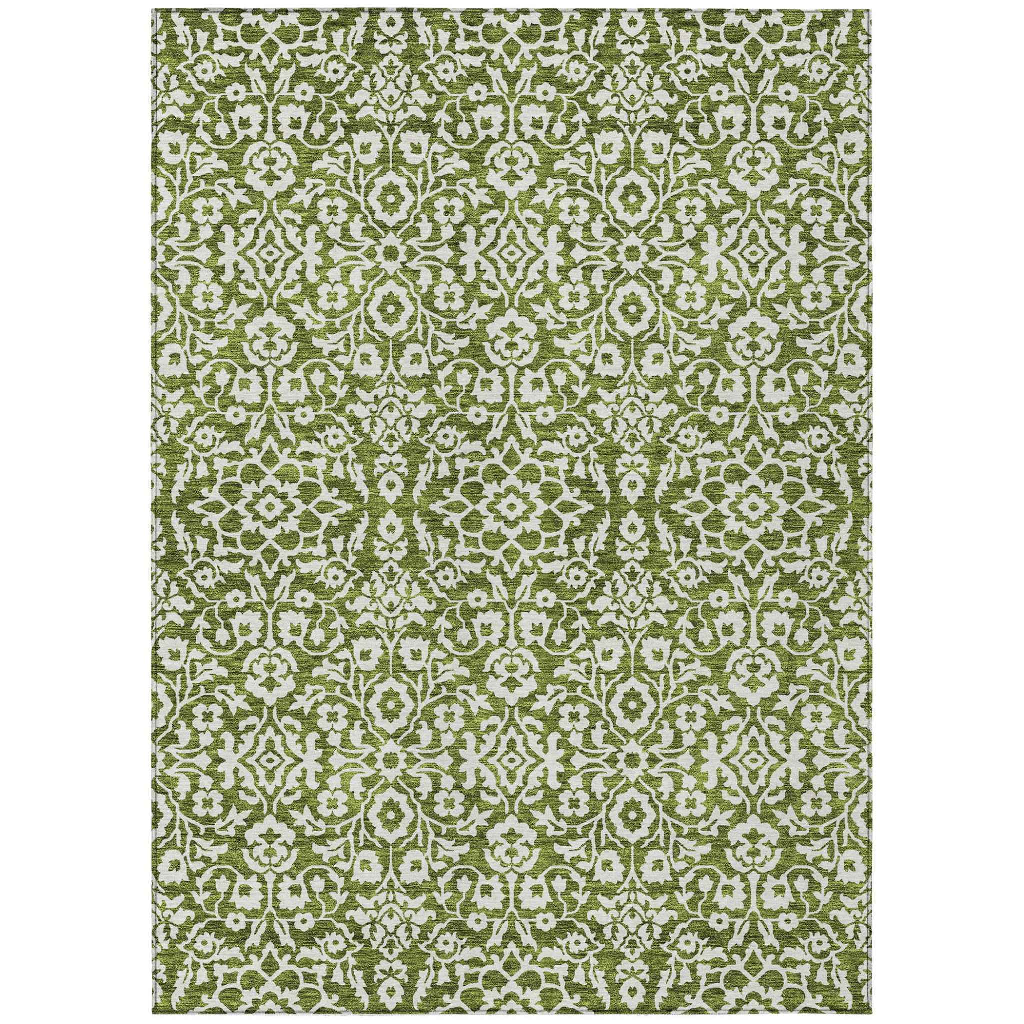 8' X 10' Olive Green And Ivory Damask Washable Indoor Outdoor Area Rug
