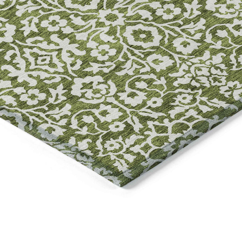 8' X 10' Olive Green And Ivory Damask Washable Indoor Outdoor Area Rug