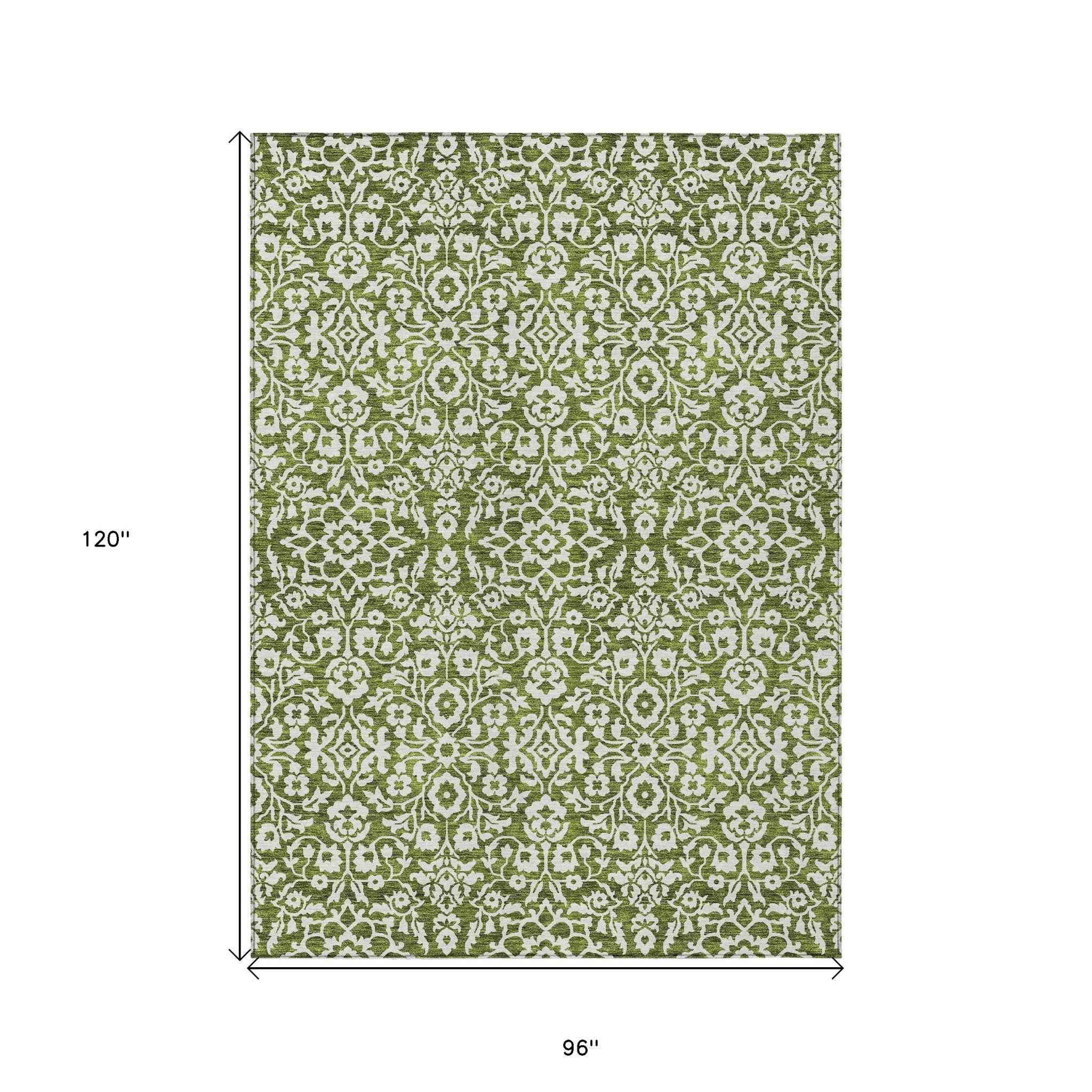 8' X 10' Olive Green And Ivory Damask Washable Indoor Outdoor Area Rug