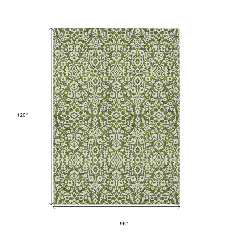 8' X 10' Olive Green And Ivory Damask Washable Indoor Outdoor Area Rug