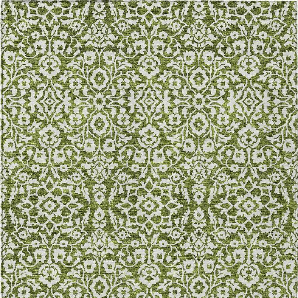 8' X 10' Olive Green And Ivory Damask Washable Indoor Outdoor Area Rug