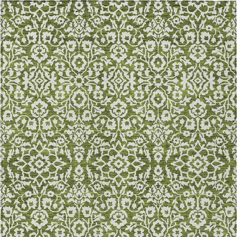 8' X 10' Olive Green And Ivory Damask Washable Indoor Outdoor Area Rug