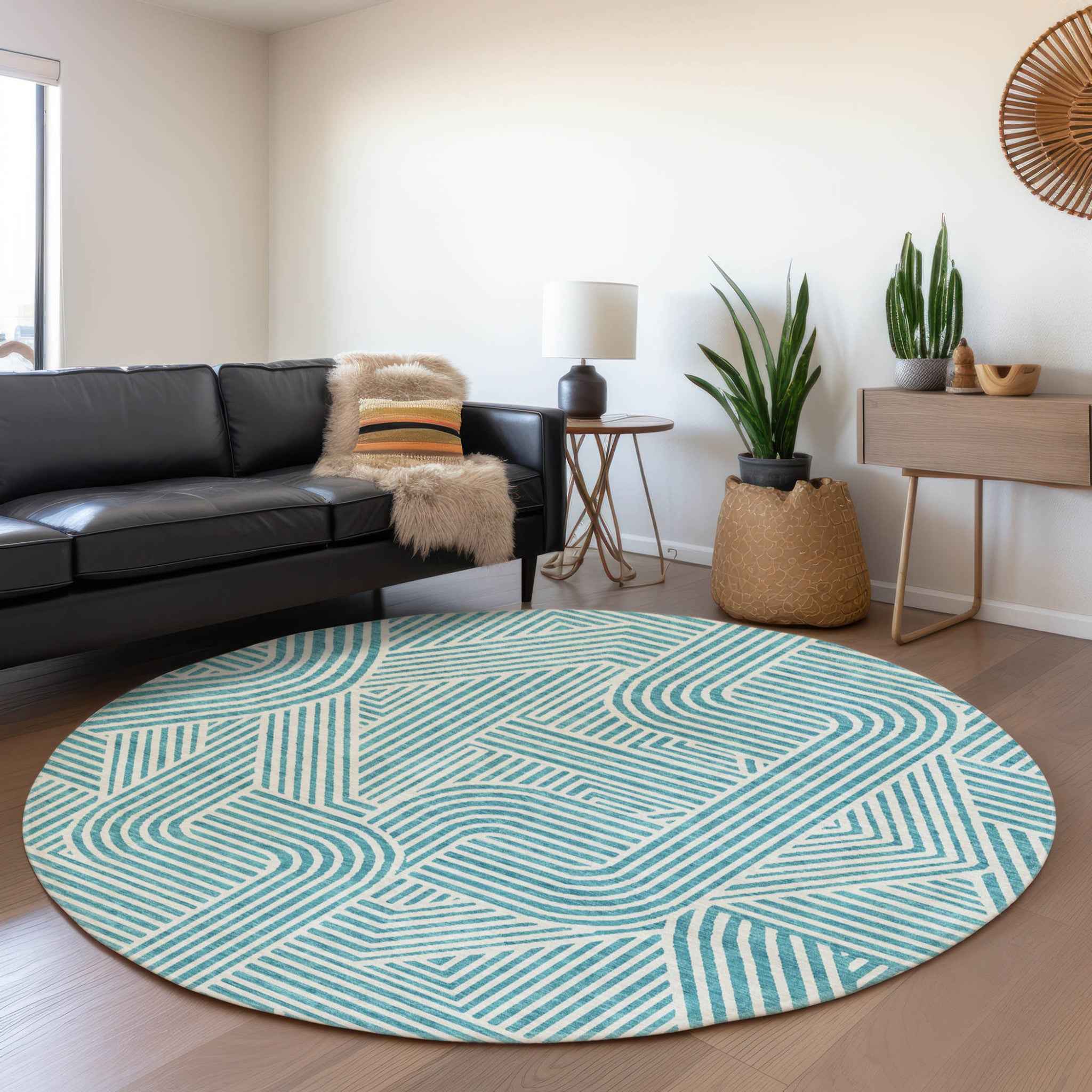 8' Teal Blue And Ivory Round Abstract Washable Indoor Outdoor Area Rug