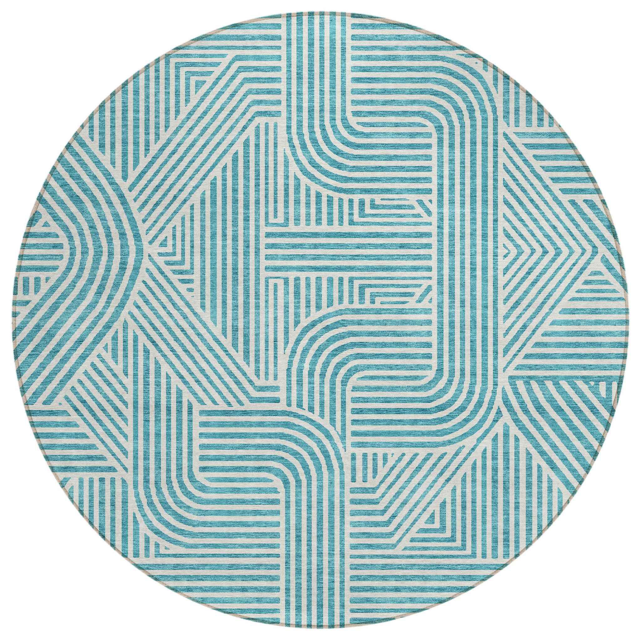 8' Teal Blue And Ivory Round Abstract Washable Indoor Outdoor Area Rug