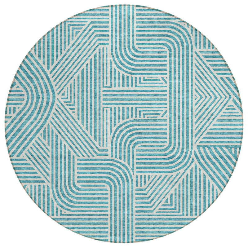 8' Teal Blue And Ivory Round Abstract Washable Indoor Outdoor Area Rug