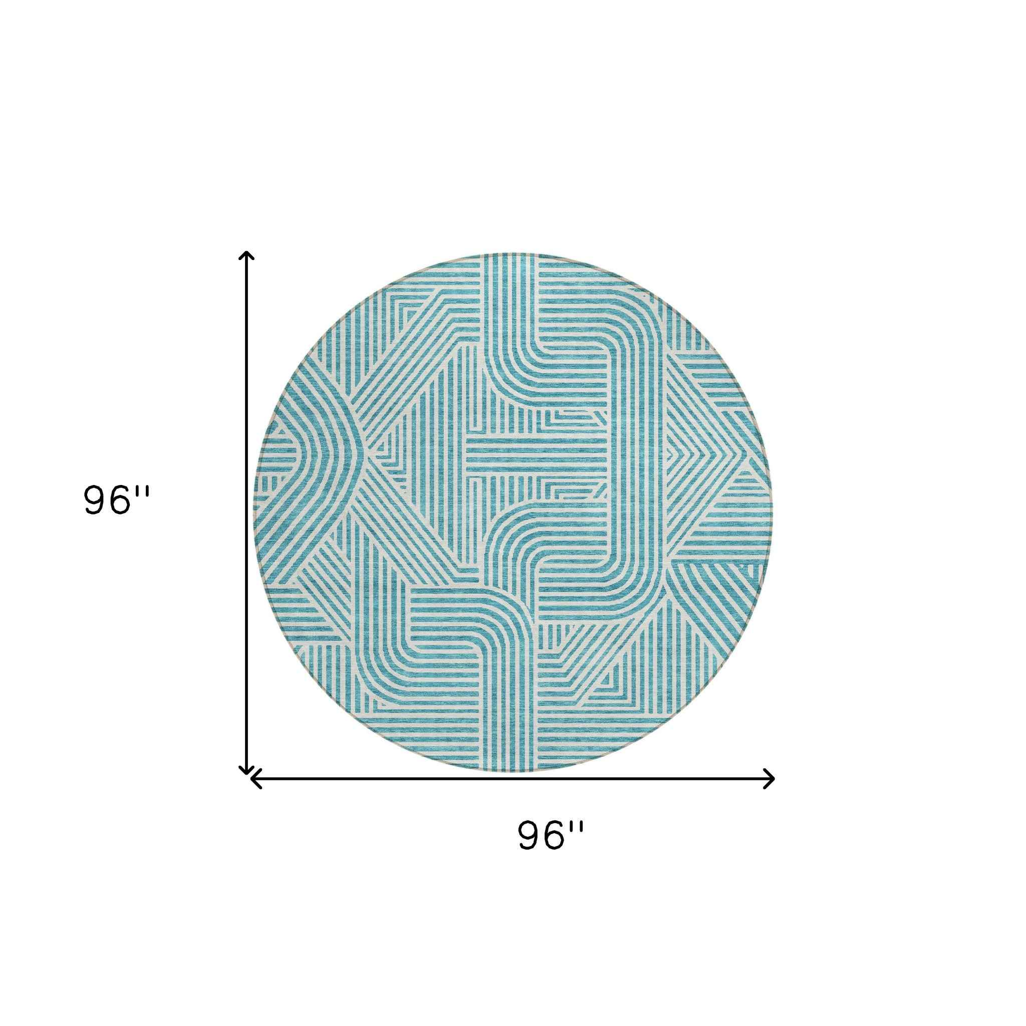 8' Teal Blue And Ivory Round Abstract Washable Indoor Outdoor Area Rug