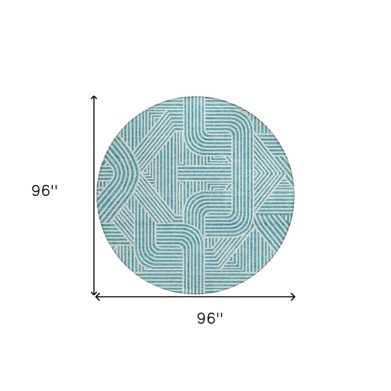 8' Teal Blue And Ivory Round Abstract Washable Indoor Outdoor Area Rug