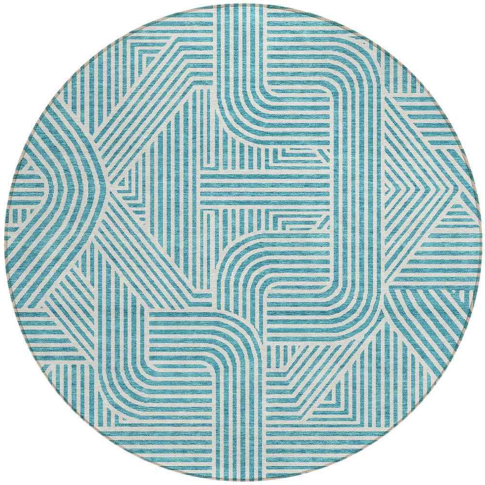 8' Teal Blue And Ivory Round Abstract Washable Indoor Outdoor Area Rug