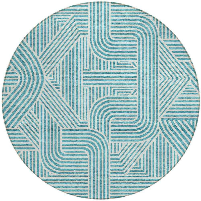 8' Teal Blue And Ivory Round Abstract Washable Indoor Outdoor Area Rug