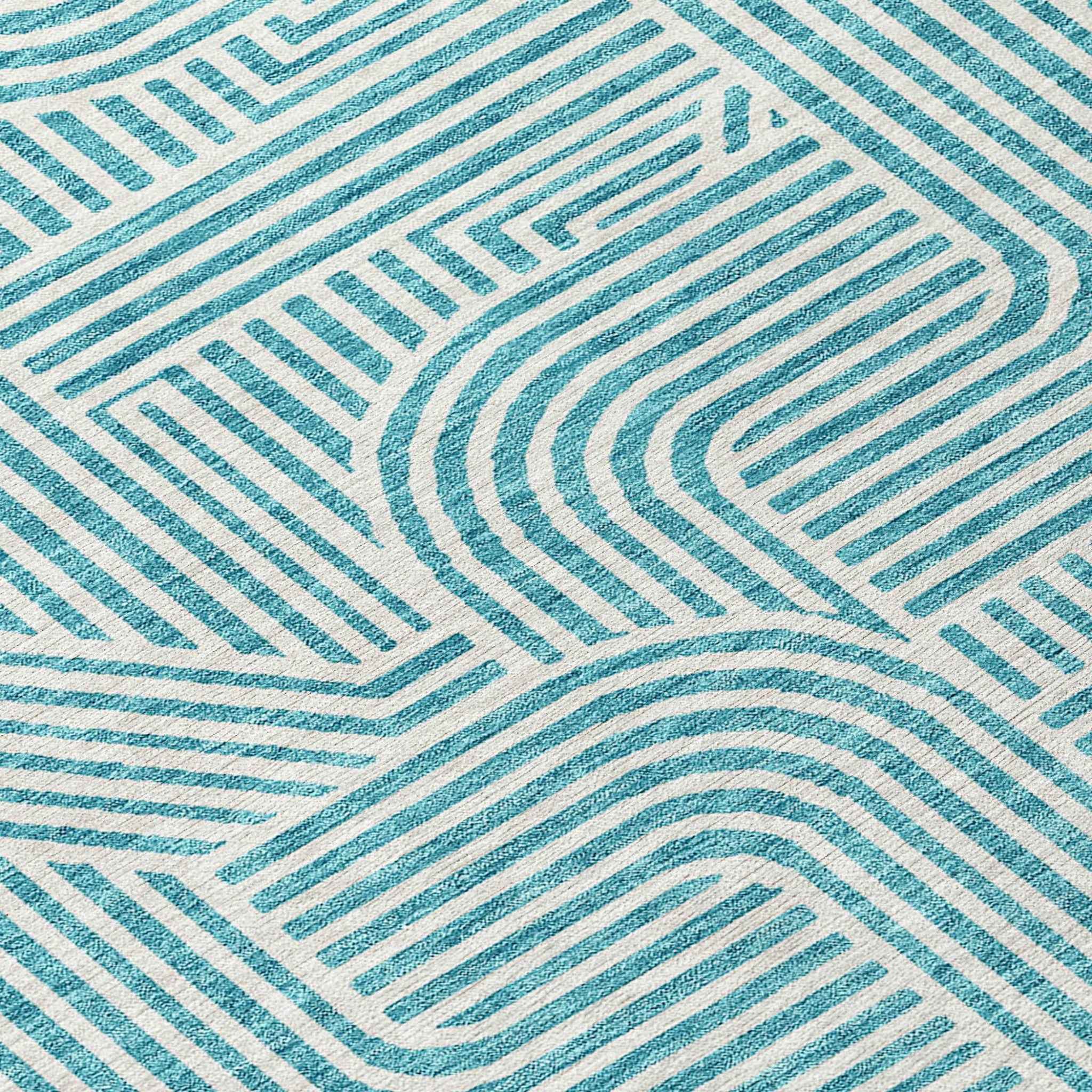 8' Teal Blue And Ivory Round Abstract Washable Indoor Outdoor Area Rug
