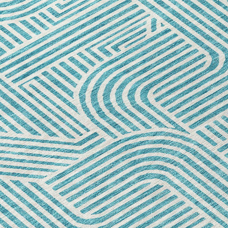 8' Teal Blue And Ivory Round Abstract Washable Indoor Outdoor Area Rug