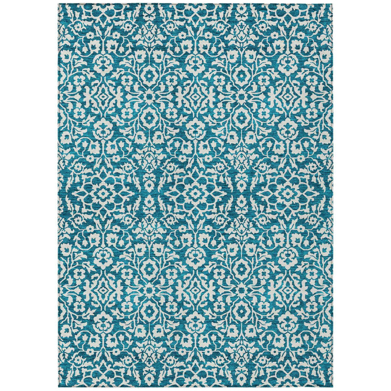 3' X 5' Teal Blue And Ivory Damask Washable Indoor Outdoor Area Rug