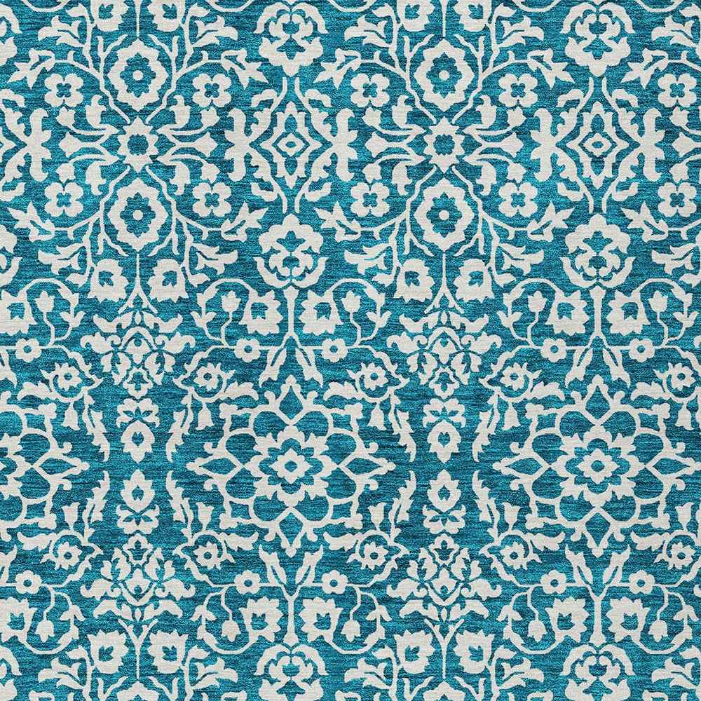 3' X 5' Teal Blue And Ivory Damask Washable Indoor Outdoor Area Rug