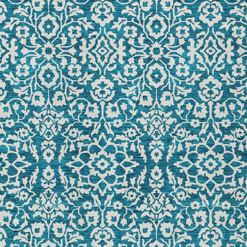 3' X 5' Teal Blue And Ivory Damask Washable Indoor Outdoor Area Rug