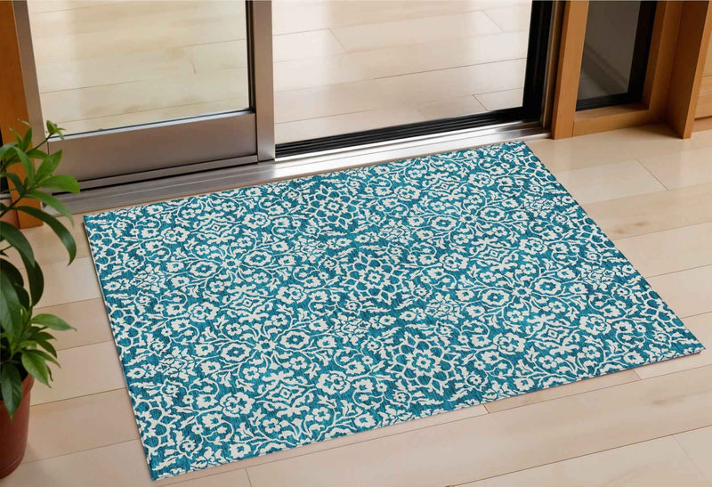 3' X 5' Teal Blue And Ivory Damask Washable Indoor Outdoor Area Rug