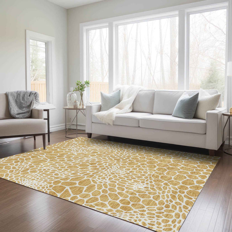 8' X 10' Gold And Ivory Geometric Washable Indoor Outdoor Area Rug