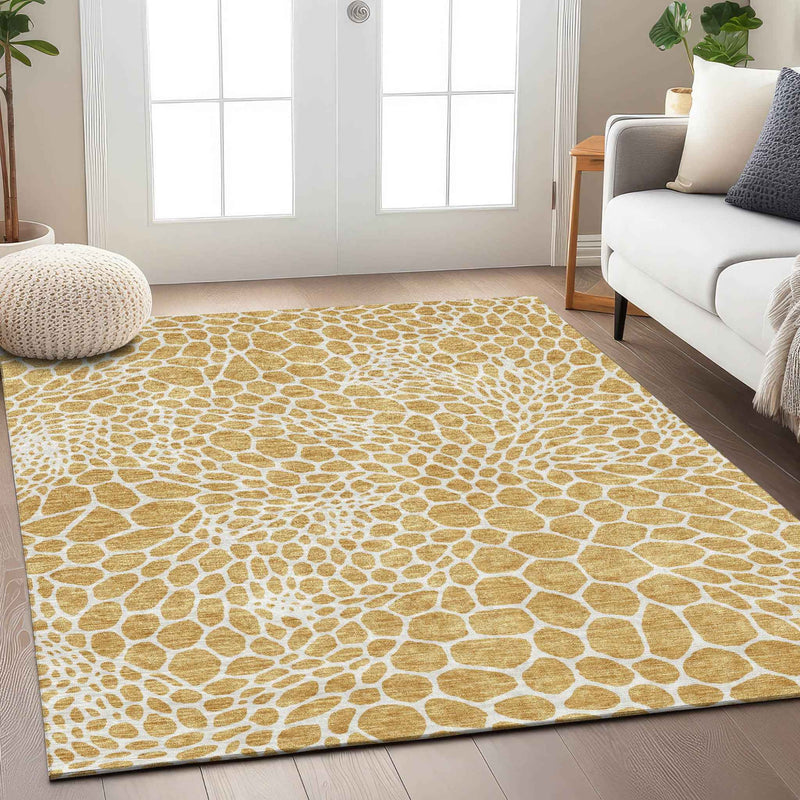 8' X 10' Gold And Ivory Geometric Washable Indoor Outdoor Area Rug