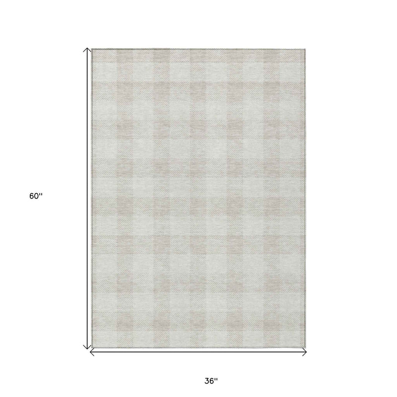 3' X 5' Ivory And Beige Plaid Washable Indoor Outdoor Area Rug