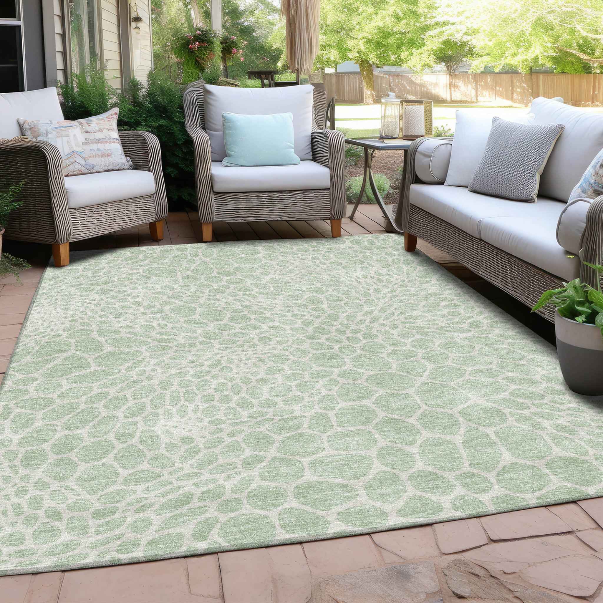 9' X 12' Mint Green And Ivory Geometric Washable Indoor Outdoor Area Rug
