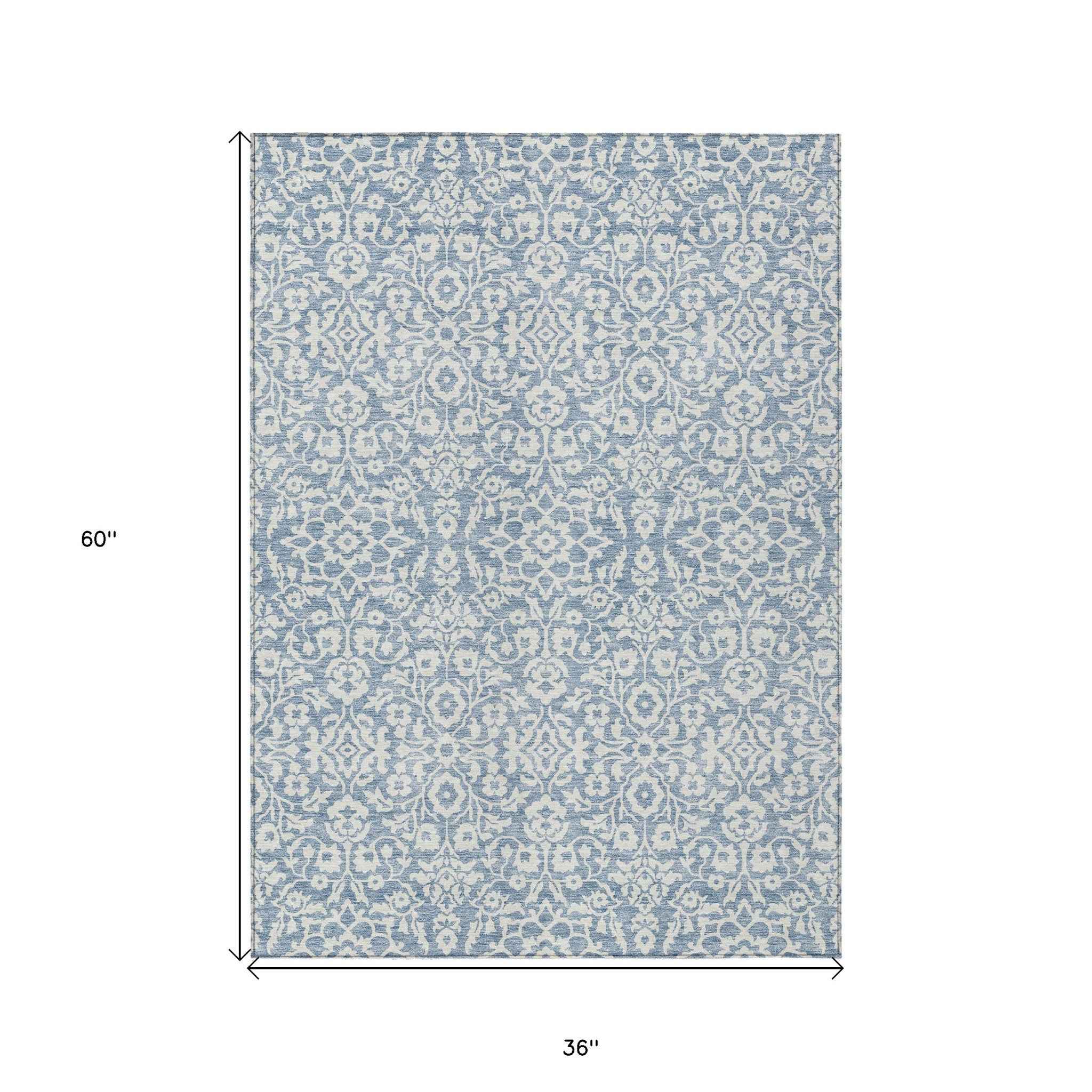 3' X 5' Denim Blue And Ivory Damask Washable Indoor Outdoor Area Rug